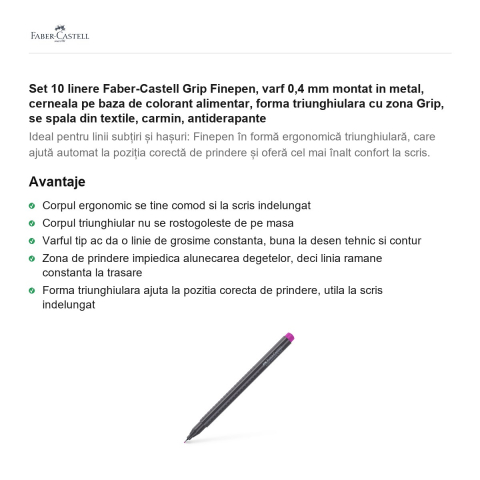 Set 10 linere Faber-Castell Grip Finepen, varf 0,4 mm montat in metal, cerneala pe baza de colorant alimentar, forma triunghiulara cu zona Grip, se spala din textile, carmin, antiderapante [1]