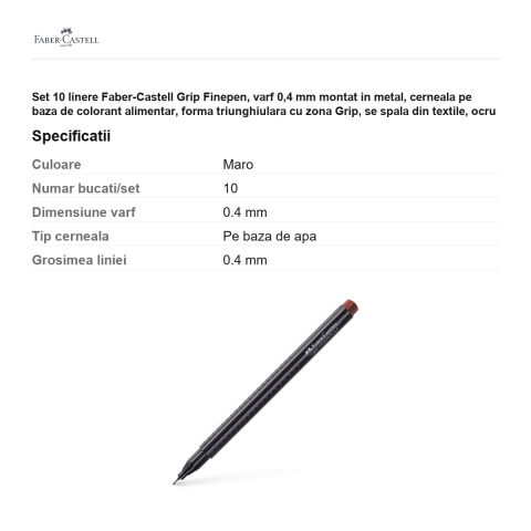 Set 10 linere Faber-Castell Grip Finepen, varf 0,4 mm montat in metal, cerneala pe baza de colorant alimentar, forma triunghiulara cu zona Grip, se spala din textile, ocru ars, antiderapante [2]