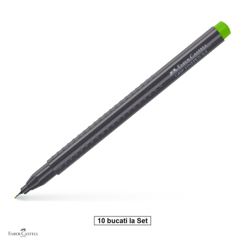 Instrumente de scris - Set 10 linere Faber-Castell Grip Finepen, varf 0,4 mm montat in metal, cerneala pe baza de colorant alimentar, forma triunghiulara cu zona Grip, se spala din textile, verde iarba, antiderapante