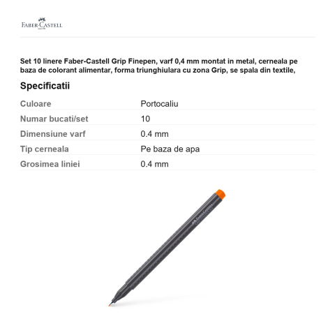 Set 10 linere Faber-Castell Grip Finepen, varf 0,4 mm montat in metal, cerneala pe baza de colorant alimentar, forma triunghiulara cu zona Grip, se spala din textile, portocaliu cadmiu inchis [2]