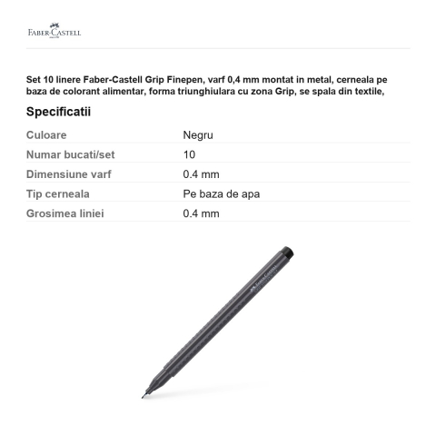 Set 10 linere Faber-Castell Grip Finepen, varf 0,4 mm montat in metal, cerneala pe baza de colorant alimentar, forma triunghiulara cu zona Grip, se spala din textile, negru, antiderapante [2]