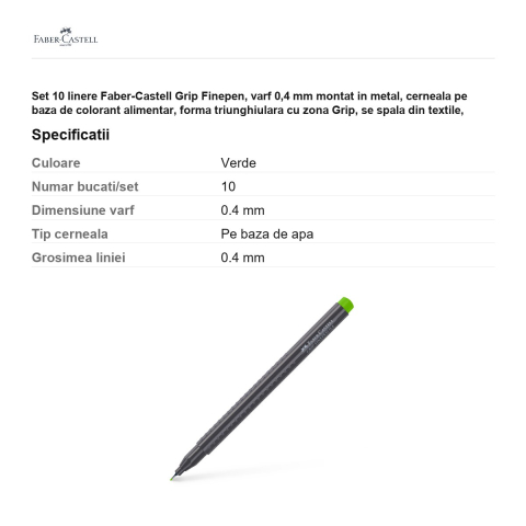 Set 10 linere Faber-Castell Grip Finepen, varf 0,4 mm montat in metal, cerneala pe baza de colorant alimentar, forma triunghiulara cu zona Grip, se spala din textile, verde iarba, antiderapante [2]
