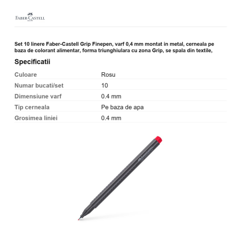 Set 10 linere Faber-Castell Grip Finepen, varf 0,4 mm montat in metal, cerneala pe baza de colorant alimentar, forma triunghiulara cu zona Grip, se spala din textile, carmin permanent, antiderapante [2]