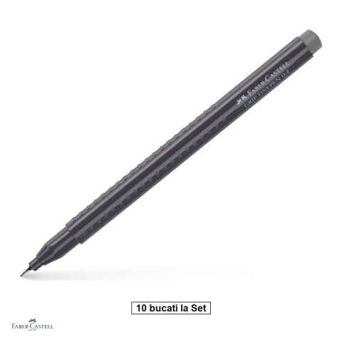 Instrumente de scris - Set 10 linere Faber-Castell Grip Finepen, varf 0,4 mm montat in metal, cerneala pe baza de colorant alimentar, forma triunghiulara cu zona Grip, se spala din textile, gri cald IV, antiderapante