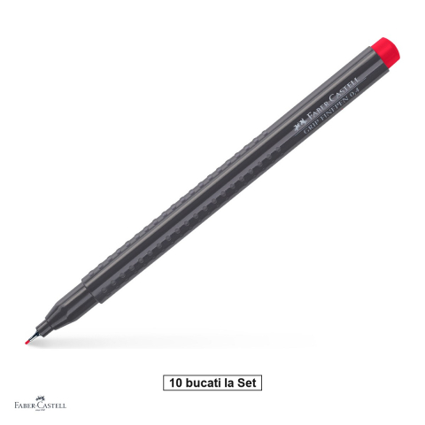 Instrumente de scris - Set 10 linere Faber-Castell Grip Finepen, varf 0,4 mm montat in metal, cerneala pe baza de colorant alimentar, forma triunghiulara cu zona Grip, se spala din textile, carmin permanent, antiderapante