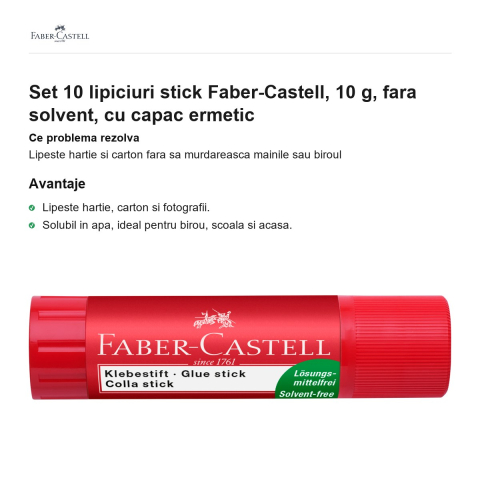 Set 10 lipiciuri stick Faber-Castell, 10 g, fara solvent, cu capac ermetic [1]