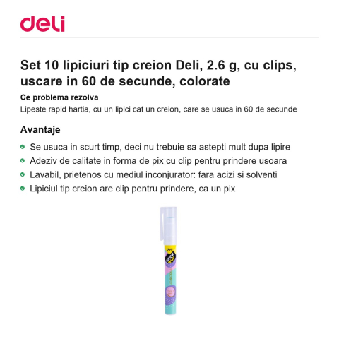 Set 10 lipiciuri tip creion Deli, 2.6 g, cu clips, uscare in 60 de secunde, colorate [1]