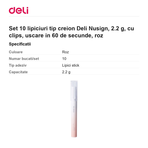 Set 10 lipiciuri tip creion Deli Nusign, 2.2 g, cu clips, uscare in 60 de secunde, roz [2]