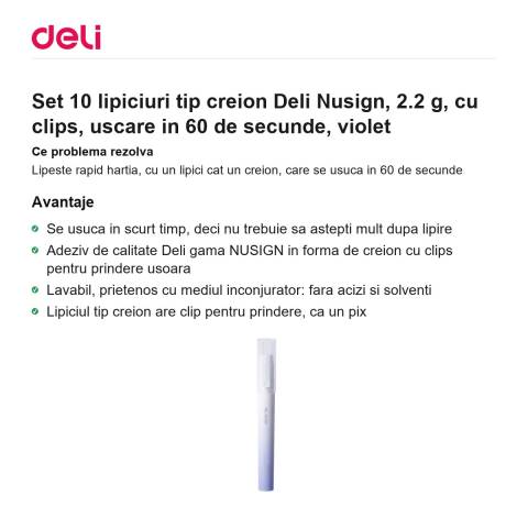 Set 10 lipiciuri tip creion Deli Nusign, 2.2 g, cu clips, uscare in 60 de secunde, violet [1]