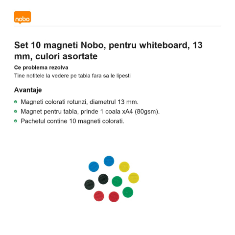 Set 10 magneti Nobo, pentru whiteboard, 13 mm, culori asortate [1]