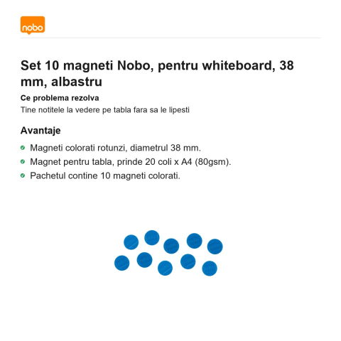 Set 10 magneti Nobo, pentru whiteboard, 38 mm, albastru [1]