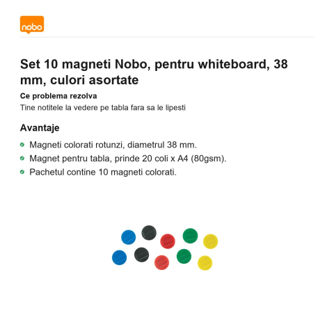 Set 10 magneti Nobo, pentru whiteboard, 38 mm, culori asortate [1]