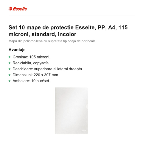 Set 10 mape de protectie Esselte, PP, A4, 115 microni, standard, incolor [1]