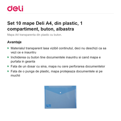 Set 10 mape Deli A4, din plastic, 1 compartiment, buton, albastra [1]