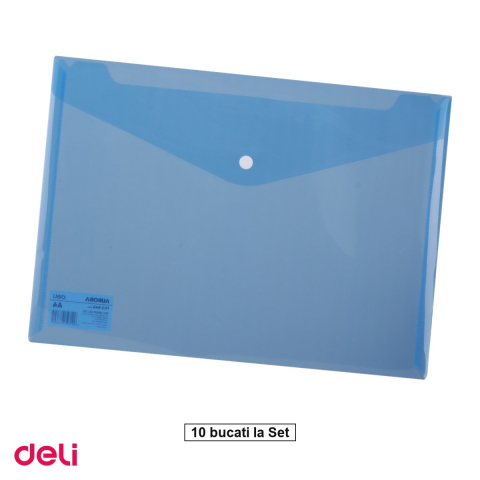 Birotica papetarie - Set 10 mape Deli A4, din plastic, 1 compartiment, buton, albastra