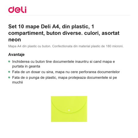 Set 10 mape Deli A4, din plastic, 1 compartiment, buton diverse. culori, asortat neon [1]