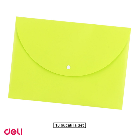 Organizare si arhivare - Set 10 mape Deli A4, din plastic, 1 compartiment, buton diverse. culori, asortat neon