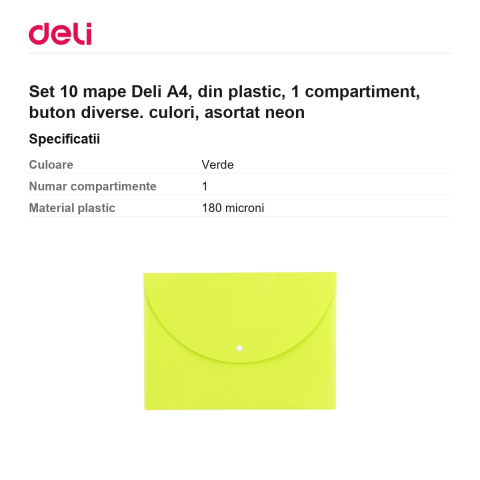 Set 10 mape Deli A4, din plastic, 1 compartiment, buton diverse. culori, asortat neon [2]