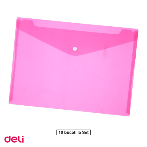 Birotica papetarie - Set 10 mape Deli A4, din plastic, 1 compartiment, buton, rosu