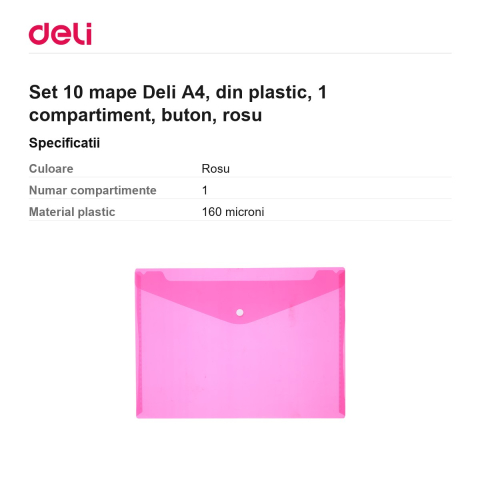 Set 10 mape Deli A4, din plastic, 1 compartiment, buton, rosu [2]