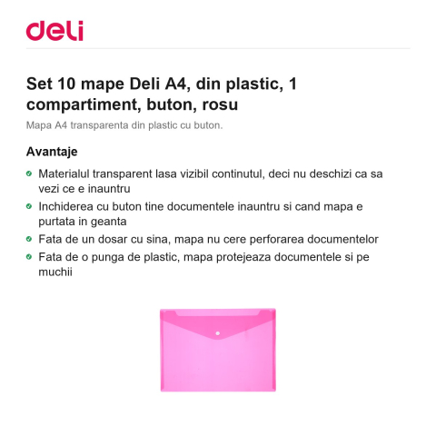 Set 10 mape Deli A4, din plastic, 1 compartiment, buton, rosu [1]