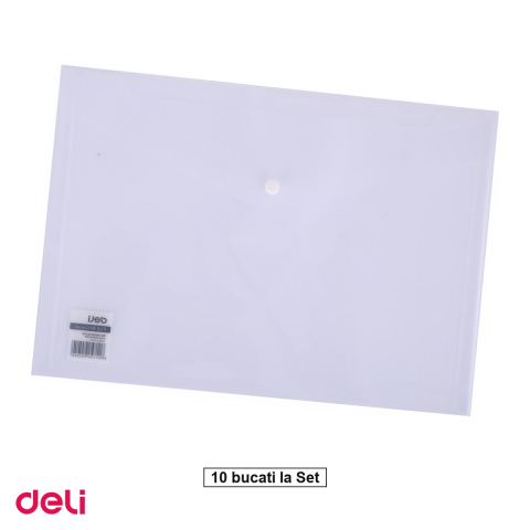 Birotica papetarie - Set 10 mape Deli A4, din plastic, 1 compartiment, buton, transparent