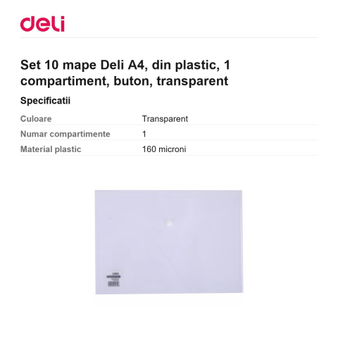 Set 10 mape Deli A4, din plastic, 1 compartiment, buton, transparent [2]
