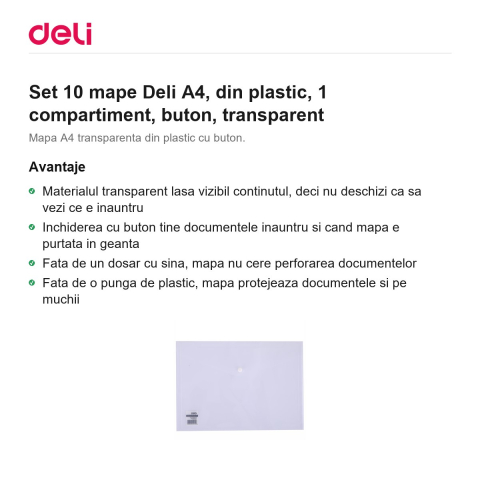Set 10 mape Deli A4, din plastic, 1 compartiment, buton, transparent [1]