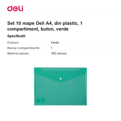 Set 10 mape Deli A4, din plastic, 1 compartiment, buton, verde [2]