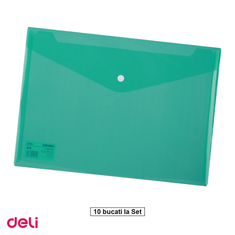 Birotica papetarie - Set 10 mape Deli A4, din plastic, 1 compartiment, buton, verde