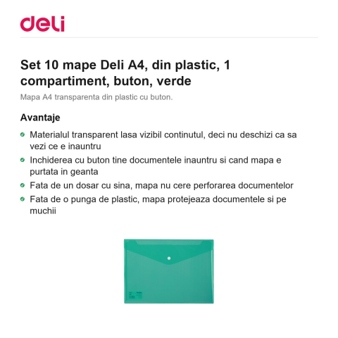 Set 10 mape Deli A4, din plastic, 1 compartiment, buton, verde [1]