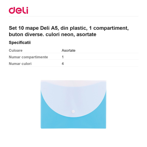 Set 10 mape Deli A5, din plastic, 1 compartiment, buton diverse. culori neon, asortate [2]