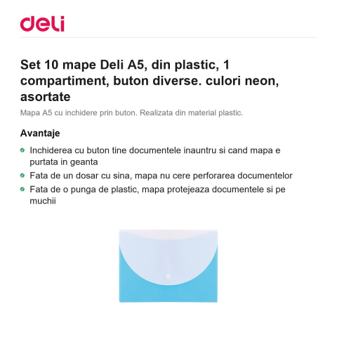 Set 10 mape Deli A5, din plastic, 1 compartiment, buton diverse. culori neon, asortate [1]