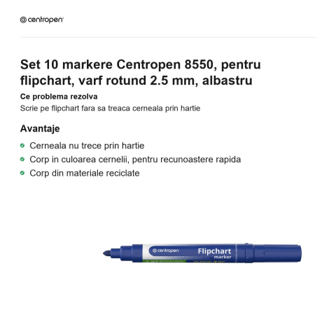 Set 10 markere Centropen 8550, pentru flipchart, varf rotund 2.5 mm, albastru [1]
