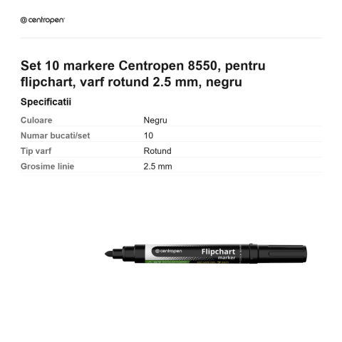 Set 10 markere Centropen 8550, pentru flipchart, varf rotund 2.5 mm, negru [2]