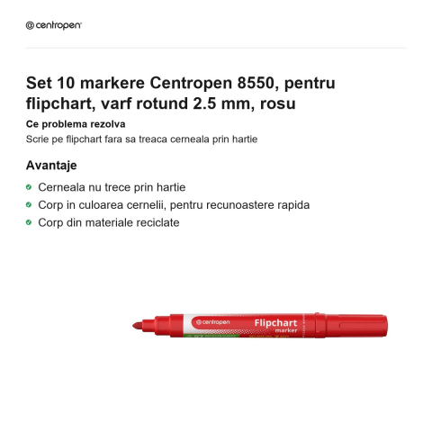 Set 10 markere Centropen 8550, pentru flipchart, varf rotund 2.5 mm, rosu [1]