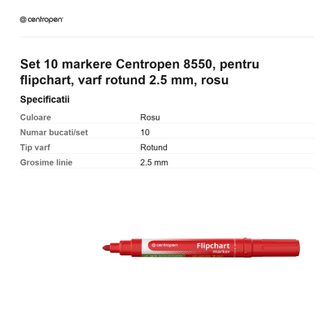 Set 10 markere Centropen 8550, pentru flipchart, varf rotund 2.5 mm, rosu [2]