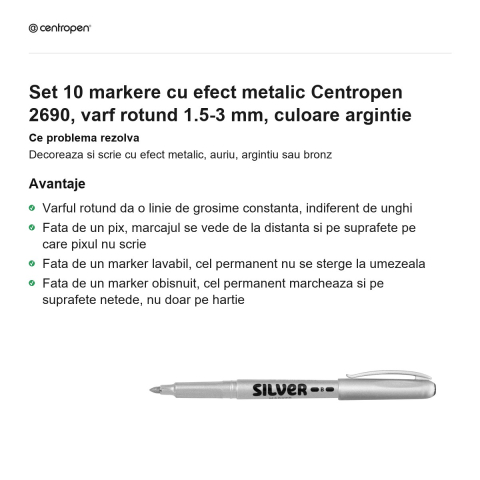 Set 10 markere cu efect metalic Centropen 2690, varf rotund 1.5-3 mm, culoare argintie [1]