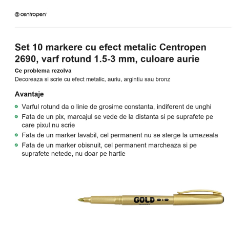 Set 10 markere cu efect metalic Centropen 2690, varf rotund 1.5-3 mm, culoare aurie [1]