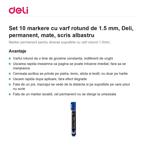 Set 10 markere cu varf rotund de 1.5 mm, Deli, permanent, mate, scris albastru [1]