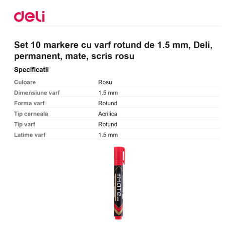 Set 10 markere cu varf rotund de 1.5 mm, Deli, permanent, mate, scris rosu [2]
