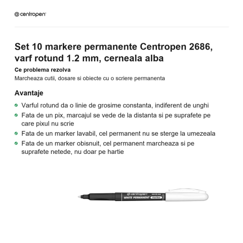 Set 10 markere permanente Centropen 2686, varf rotund 1.2 mm, cerneala alba [1]