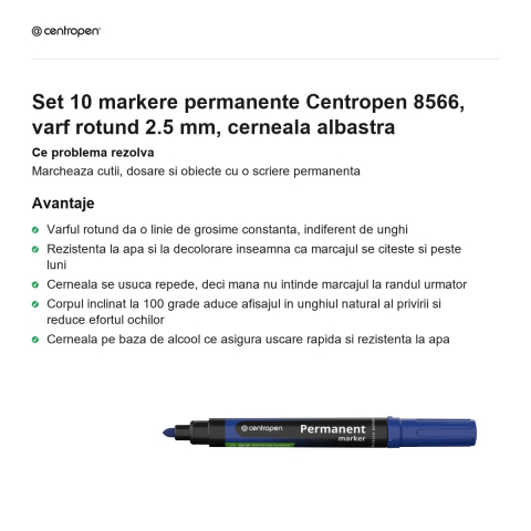 Set 10 markere permanente Centropen 8566, varf rotund 2.5 mm, cerneala albastra [1]