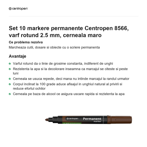 Set 10 markere permanente Centropen 8566, varf rotund 2.5 mm, cerneala maro [1]