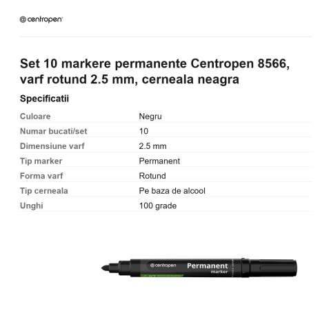 Set 10 markere permanente Centropen 8566, varf rotund 2.5 mm, cerneala neagra [2]
