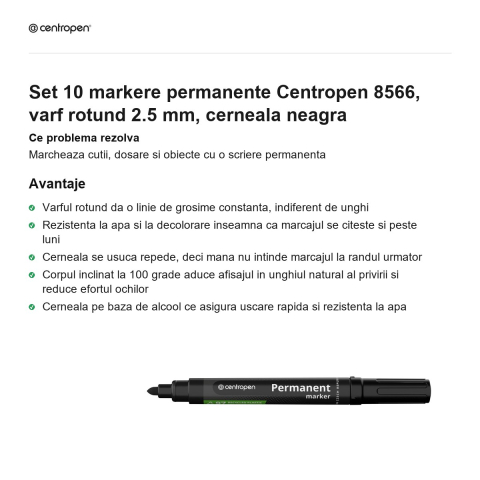 Set 10 markere permanente Centropen 8566, varf rotund 2.5 mm, cerneala neagra [1]
