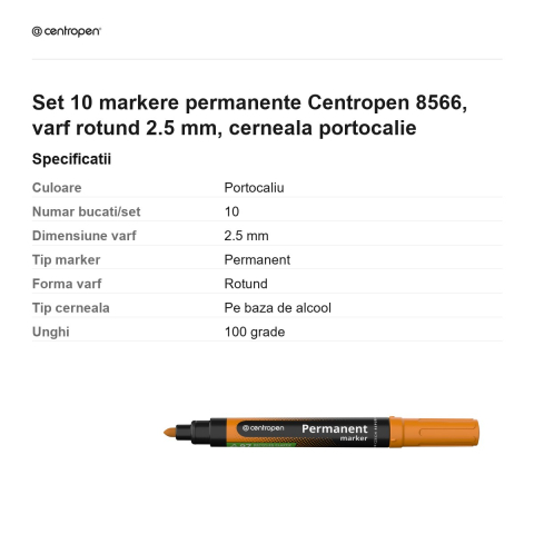 Set 10 markere permanente Centropen 8566, varf rotund 2.5 mm, cerneala portocalie [2]