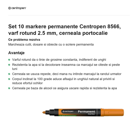 Set 10 markere permanente Centropen 8566, varf rotund 2.5 mm, cerneala portocalie [1]