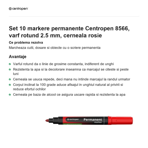 Set 10 markere permanente Centropen 8566, varf rotund 2.5 mm, cerneala rosie [1]