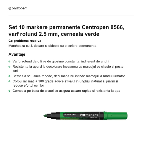 Set 10 markere permanente Centropen 8566, varf rotund 2.5 mm, cerneala verde [1]
